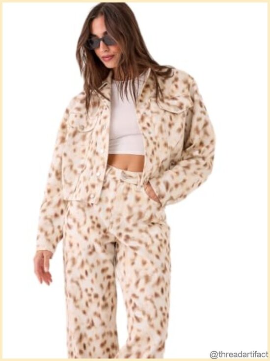 Jackets & Blazers - Deer Print Ovoid Cropped Denim Jacket Relaxed Fit Casual